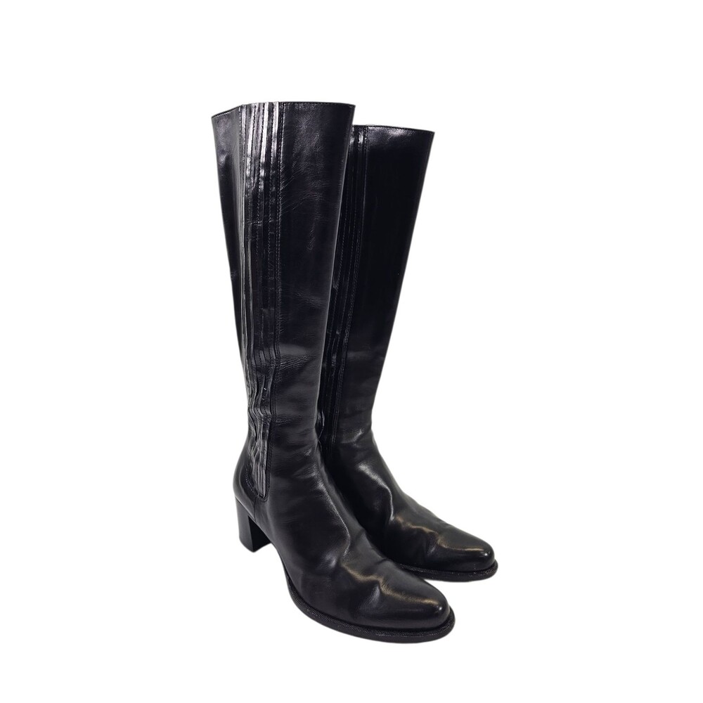 Siamo Black Leather Riding Boots Booties Almond Toe 37.5 M 2.5" Heel Women's EUC